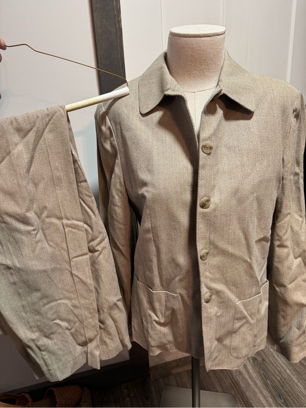 Women Classic Tan Button-Up Jacket and matching bottoms